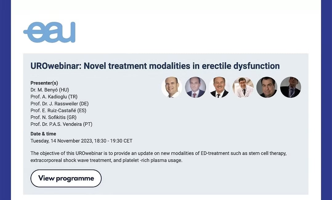 EAU UROwebinar announcement titled “Novel treatment modalities in erectile dysfunction”, listing Prof. A. Kadıoglu of Türkiye among the presenters.