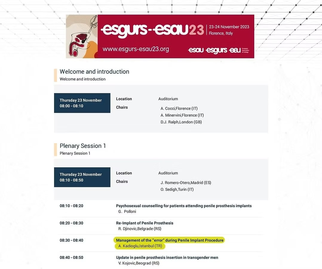 ESGURS–ESAU 2023 congress programme from Florence, with the lecture “Management of the error during Penile Implant Procedure” by A. Kadıoğlu, Istanbul, highlighted.