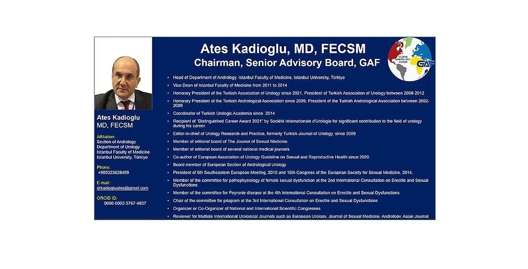 Global Andrology Forum profile card introducing Ateş Kadıoğlu, MD, FECSM as Chairman of the Senior Advisory Board, listing his academic and society appointments.