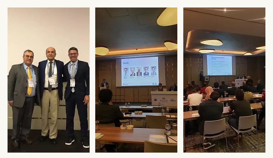 Prof. Ateş Kadıoğlu with Dr Faysal Yafi and Dr Koenraad van Renterghem at SIU 2022 in Istanbul, beside two photographs of the Men’s Health Panel session in progress.