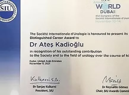 Certificate from the Société Internationale d’Urologie presenting its Distinguished Career Award to Dr Ateş Kadıoğlu in Dubai, 11 November 2021.