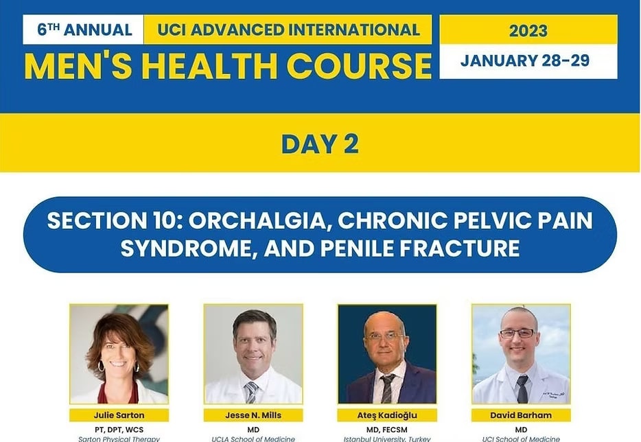 Programme slide for the 6th Annual UCI Advanced International Men’s Health Course, 28–29 January 2023, showing Ateş Kadıoğlu, MD, FECSM of Istanbul University among the faculty.